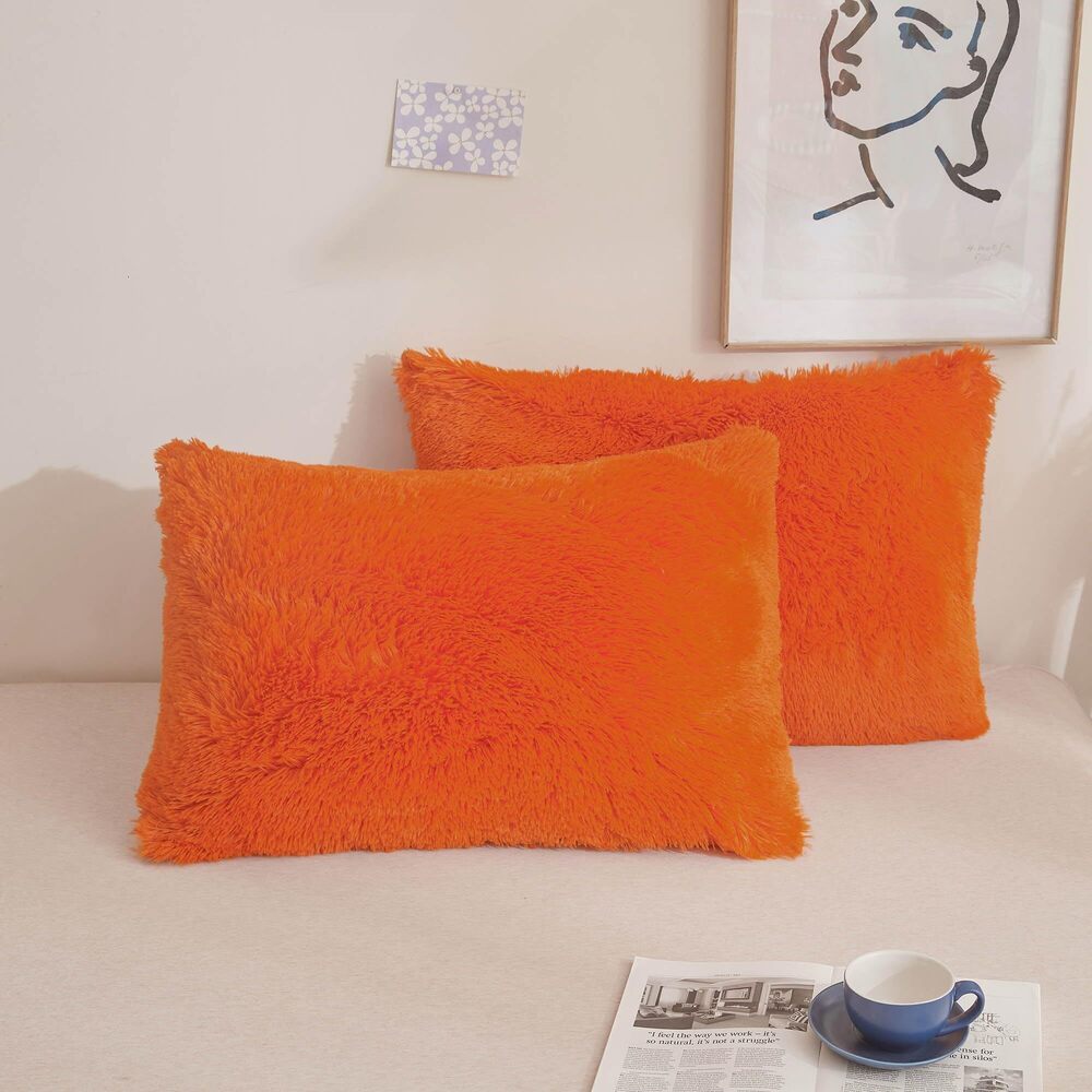 7459 Faux Fur Fluffy Pillow Cases, Soft Plush Shaggy Furry Orange